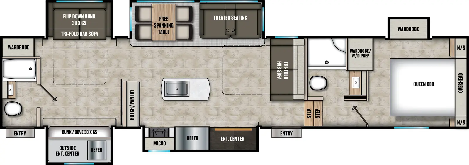 The Phoenix 367BH floorplan has two entries and five slide outs. Exterior features include: fiberglass exterior, 15' awning,  outside entertainment and outside kitchen. Interiors features include: bunk beds, kitchen island, free-standing dinette option, front bedroom, rear bathroom and two full bathrooms.